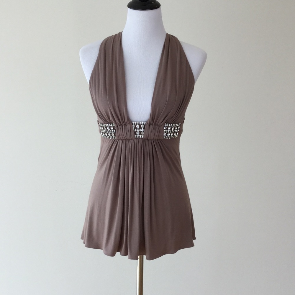 Sky Taupe Embellished Halter Tank Top Swarovski crystals FINAL MARKDOWN